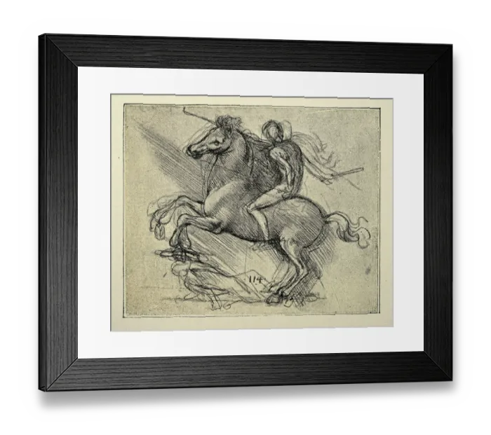 Framed Print : Vintage illustration, After the sketch by Leonardo da Vinci, Man on horseback, Early renaissance art Framed Print : Vintage illustration, After the sketch by Leonardo da Vinci, Man on horseback, Early renaissance art
