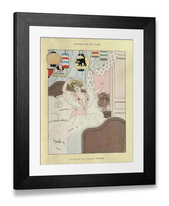 Framed Print : Beautiful woman waking up in the morning, stretching in bed, Vintage French cartoon Framed Print : Beautiful woman waking up in the morning, stretching in bed, Vintage French cartoon