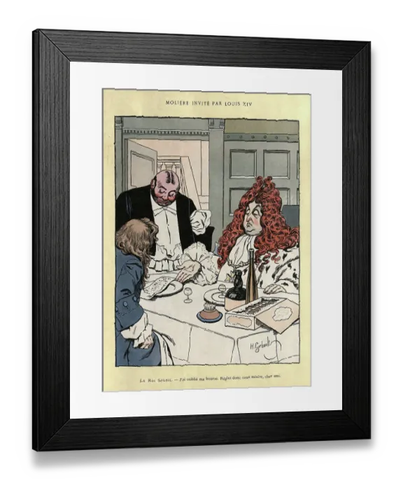 Framed Print : Moliere invited to lunch by Louis XIV, Vintage French cartoon Framed Print : Moliere invited to lunch by Louis XIV, Vintage French cartoon