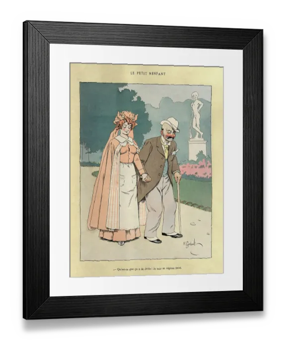 Framed Print : Nurse helping an old man walking in the park, Vintage French cartoon Framed Print : Nurse helping an old man walking in the park, Vintage French cartoon