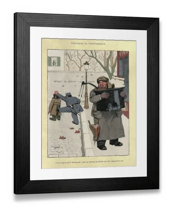 Framed Print : Police officer moving on roast chestnut street vendor and homeless man, Vintage French cartoon Framed Print : Police officer moving on roast chestnut street vendor and homeless man, Vintage French cartoon