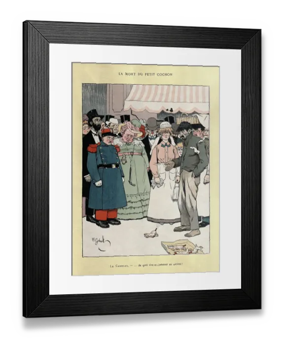 Framed Print : The death of the little pig, Street vendor selling pig shaped balloons, Vintage French cartoon Framed Print : The death of the little pig, Street vendor selling pig shaped balloons, Vintage French cartoon