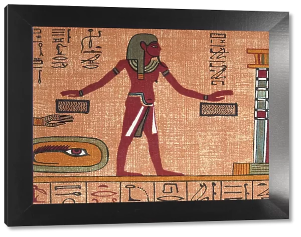 Ancient Egyptian, eye of horus, man holding hands over boxes, judgement