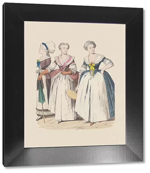 18th century, German bourgeois costumes, hand-colored wood engraving, published c. 1880