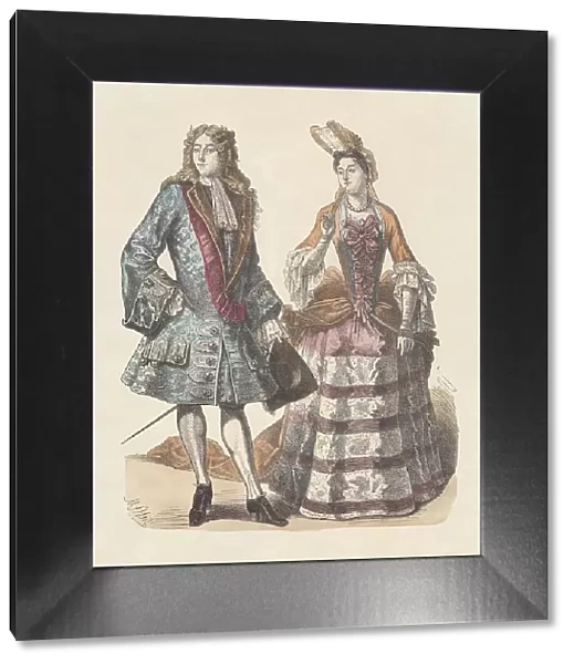 French nobility, early 18th century, hand-colored wood engraving, published c. 1880