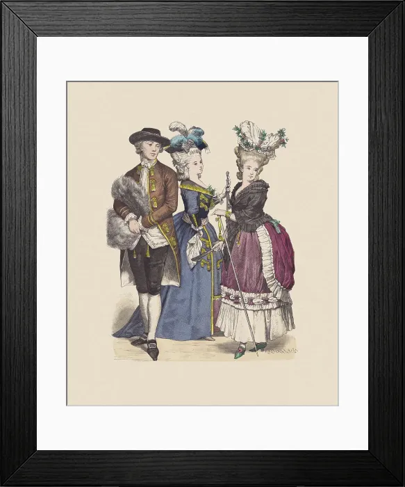 Framed Print : Late 18th century, French costumes, hand-colored wood engraving, published c. 1880 Framed Print : Late 18th century, French costumes, hand-colored wood engraving, published c. 1880