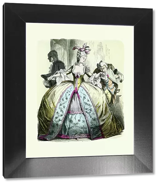 Fashion 18th Century, Noble woman in Pannier, man kissing hand