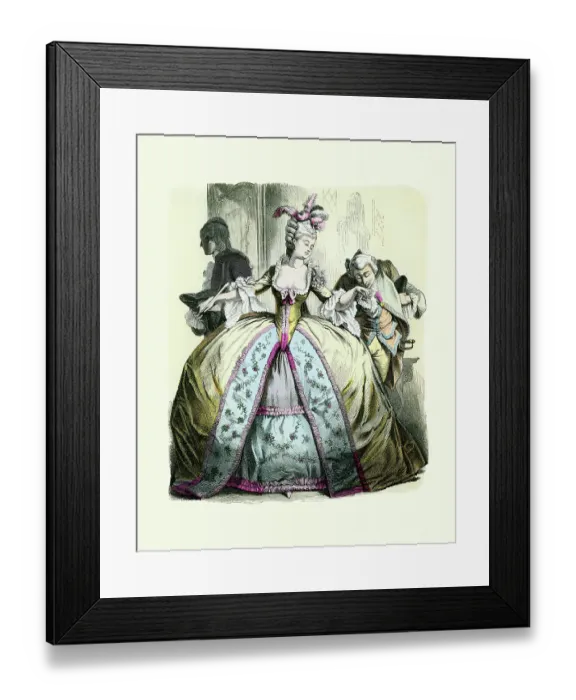 Framed Print : Fashion 18th Century, Noble woman in Pannier, man kissing hand Framed Print : Fashion 18th Century, Noble woman in Pannier, man kissing hand