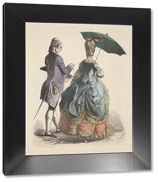 Fashion of nobility, Rococo era (c. 1780), hand-colored woodcut, published c. 1880