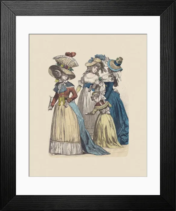 Framed Print : Late 18th century, French costumes, hand-colored wood engraving, published c. 1880 Framed Print : Late 18th century, French costumes, hand-colored wood engraving, published c. 1880