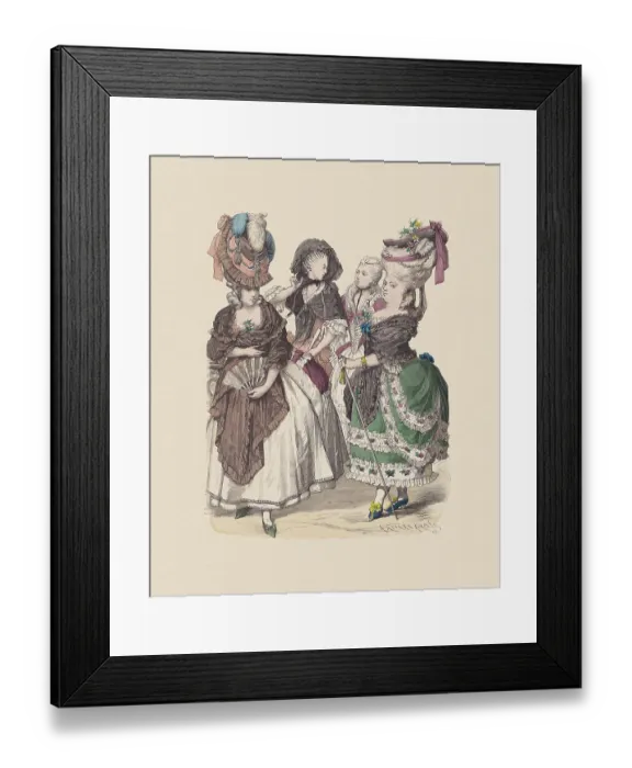 Framed Print : Late 18th century, French costumes, hand-colored wood engraving, published c. 1880 Framed Print : Late 18th century, French costumes, hand-colored wood engraving, published c. 1880