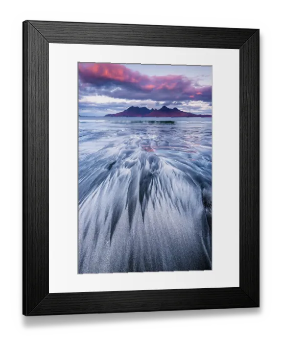 Framed Print : Stunning sand formations on the Isle of Eigg with the Isle of Rum in the distance. Scotland