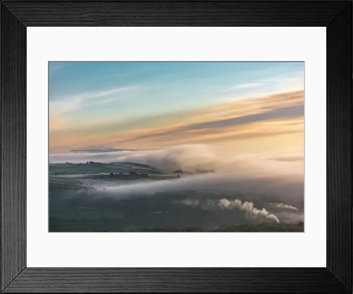 Framed Print : New Mills shrouded in fog, High Peak, Derbyshire. UK Framed Print : New Mills shrouded in fog, High Peak, Derbyshire. UK