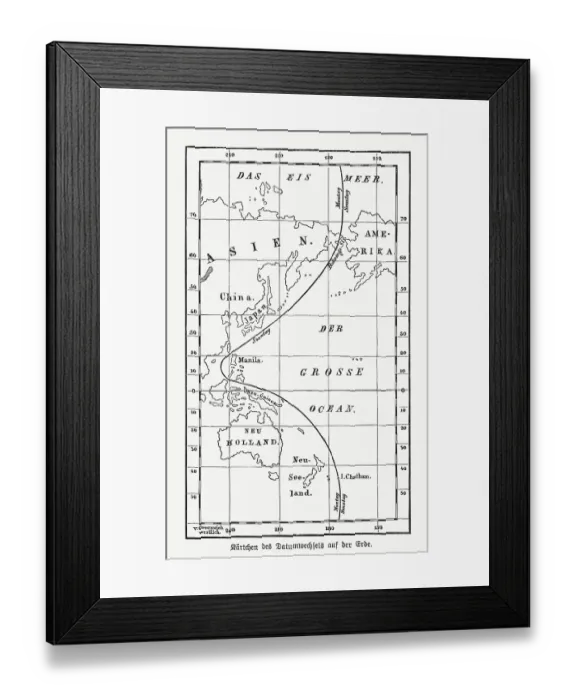 Framed Print : Historical map with the date line, wood engraving, published 1893