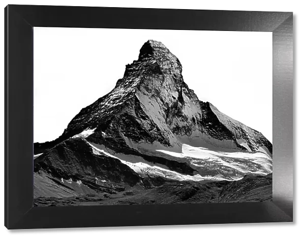 Matterhorn north face, snow capped, triangle shaped, high-contrast black and white