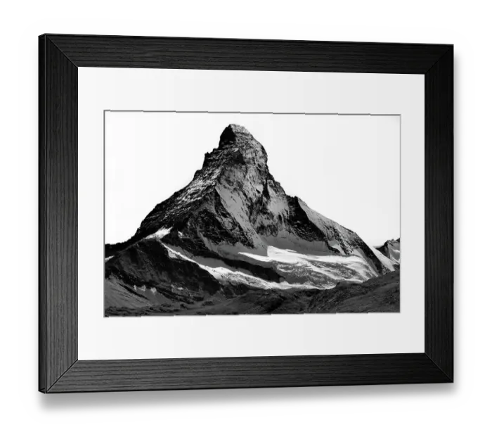 Framed Print : Matterhorn north face, snow capped, triangle shaped, high-contrast black and white