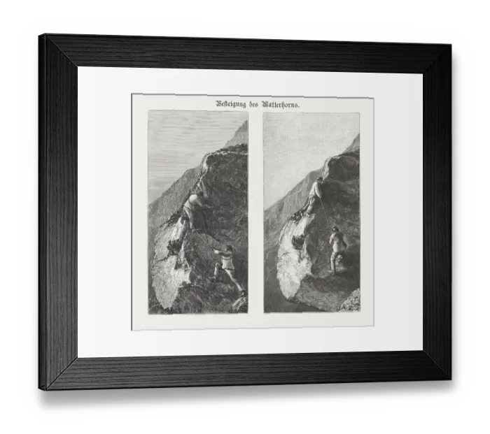Framed Print : Two men climbing the Matterhorn, Switzerland, wood engravings, published 1895 Framed Print : Two men climbing the Matterhorn, Switzerland, wood engravings, published 1895