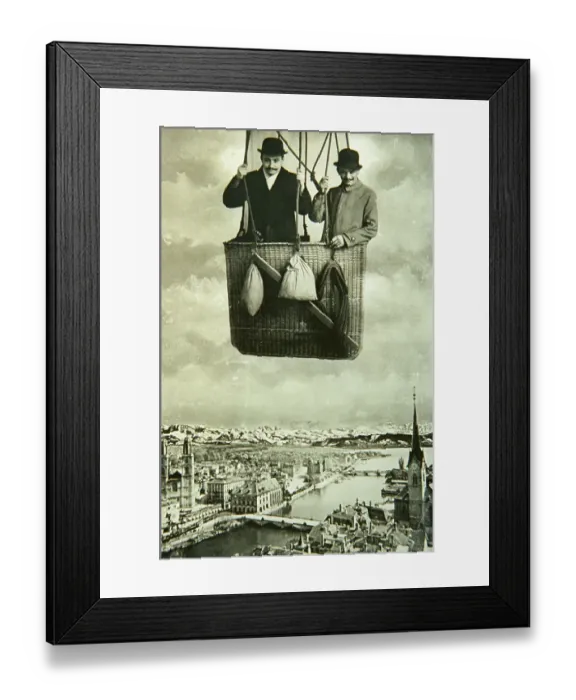 Framed Print : Men in Balloon over a European City