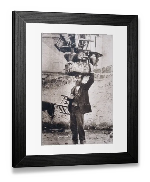 Framed Print : Man Balancing Basket and Chairs on His Head Framed Print : Man Balancing Basket and Chairs on His Head