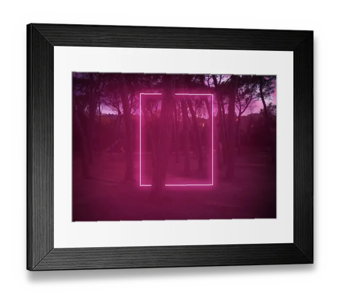 Framed Print : Rectangle red light neon between pine trees with futuristic visual effect Framed Print : Rectangle red light neon between pine trees with futuristic visual effect