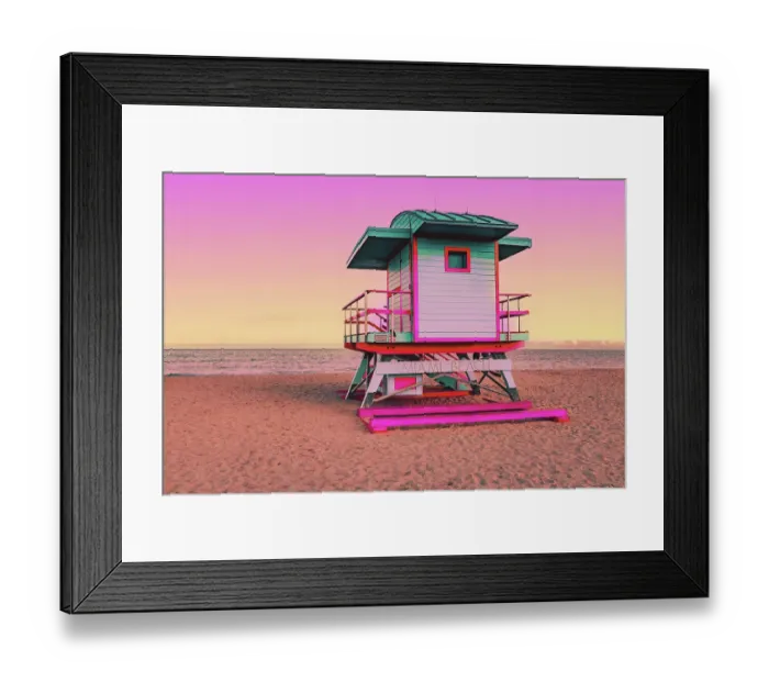 Framed Print : Dreamlike picture of colorful lifeguard cabin in the Miami beach at sunset Framed Print : Dreamlike picture of colorful lifeguard cabin in the Miami beach at sunset