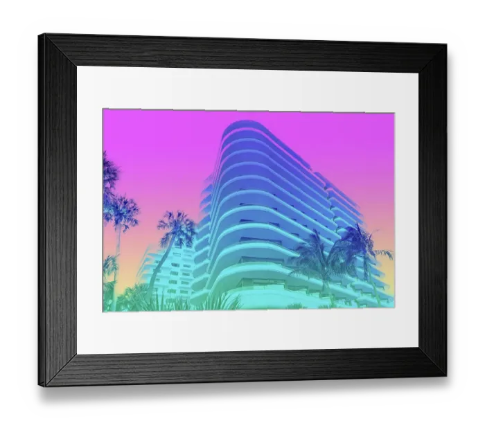 Framed Print : Dreamlike picture of colorful building with palm trees in Miami beach Framed Print : Dreamlike picture of colorful building with palm trees in Miami beach