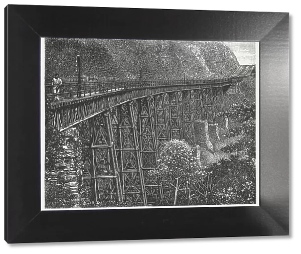 Historic railway bridge, near Santos, Brazil, wood engraving, published 1888