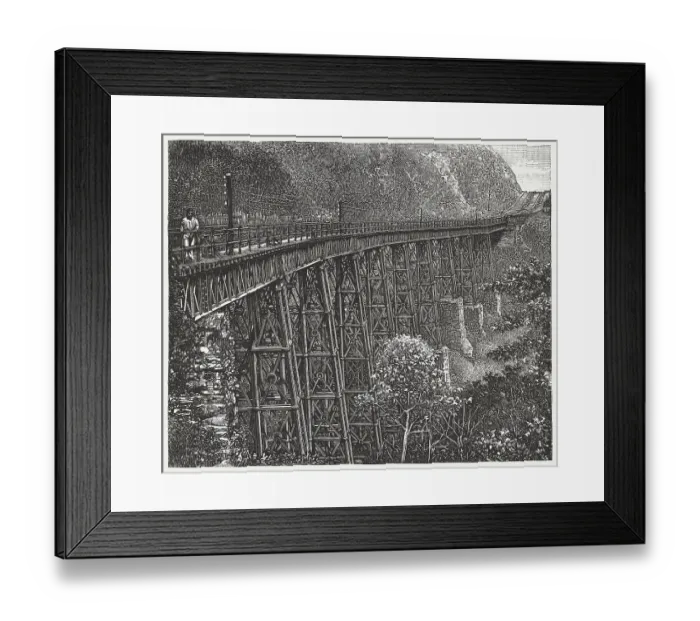 Framed Print : Historic railway bridge, near Santos, Brazil, wood engraving, published 1888 Framed Print : Historic railway bridge, near Santos, Brazil, wood engraving, published 1888