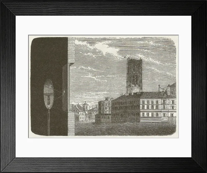 Framed Print : Principle of the camera obscura, wood engraving, published in 1877 Framed Print : Principle of the camera obscura, wood engraving, published in 1877