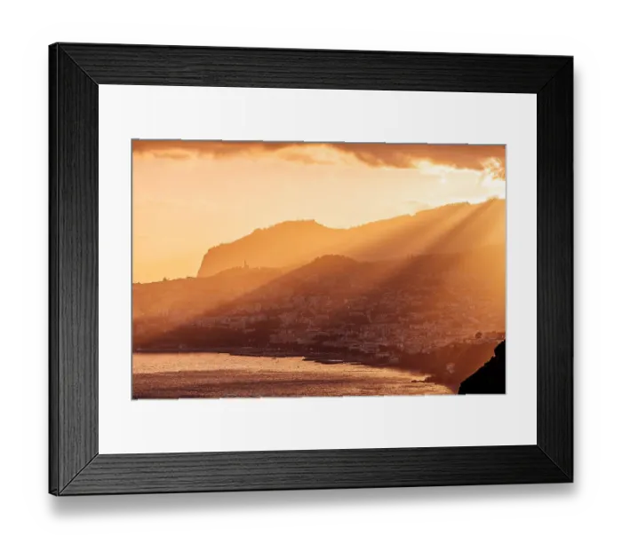 Framed Print : Funchal city skyline and Madeira island landscape at sunset, Portugal Framed Print : Funchal city skyline and Madeira island landscape at sunset, Portugal