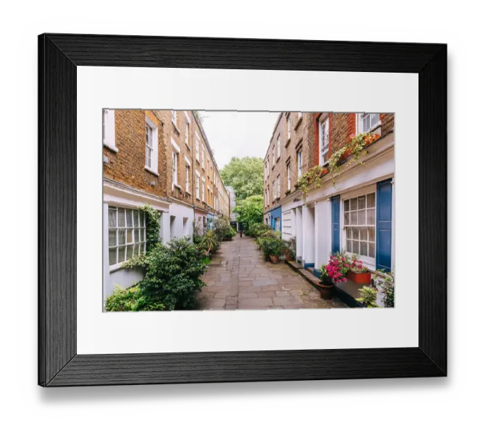 Framed Print : Green alley with residential houses in Fitzrovia district, London, UK Framed Print : Green alley with residential houses in Fitzrovia district, London, UK