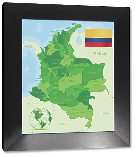 Green Map of Colombia - states, cities and flag