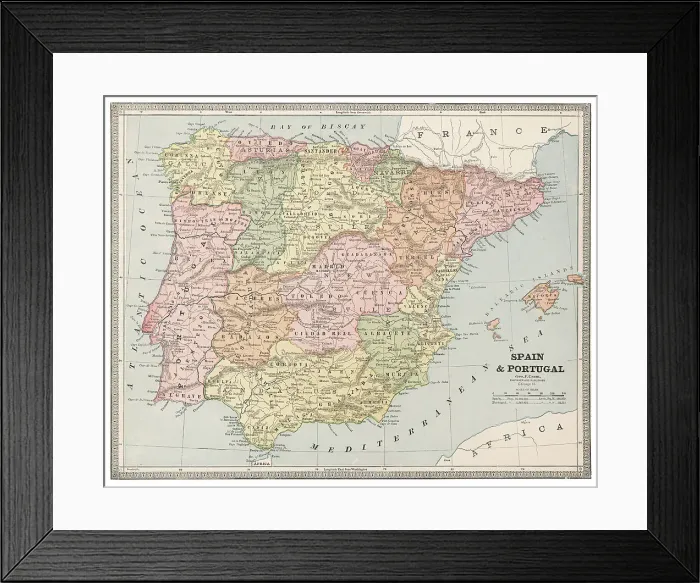 Framed Print : Map of Spain and Portugal 1883