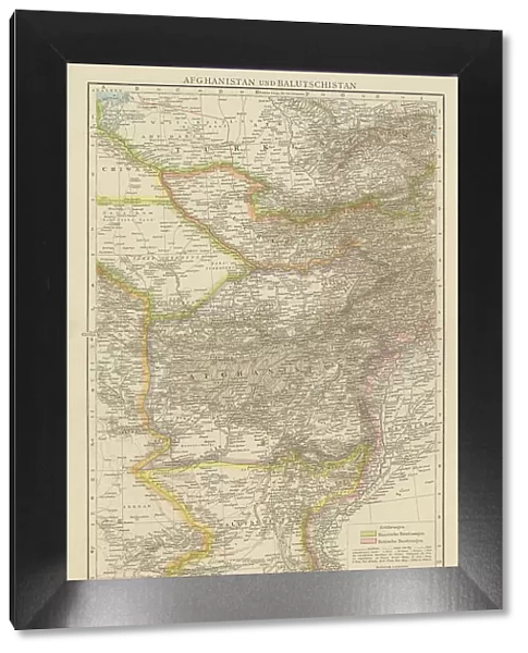 Old chromolithograph map of Afghanistan and Balochistan (Balochistan or Afghani Baluchistan, an arid, mountainous region that includes part of southern and southwestern Afghanistan)