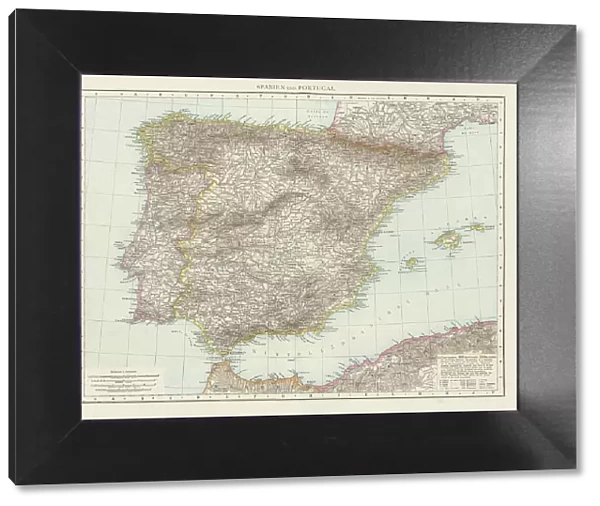 Old chromolithograph map of Spain and Portugal (Iberian peninsula)