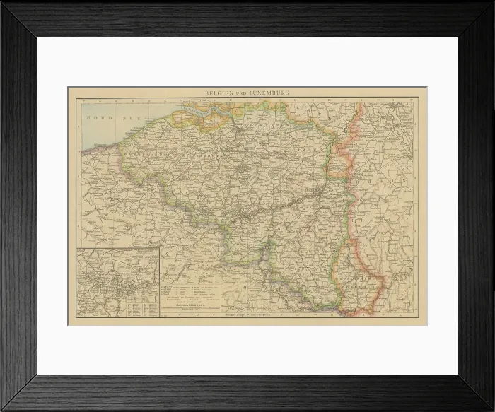 Framed Print : Old chromolithograph map of Belgium and Luxembourg