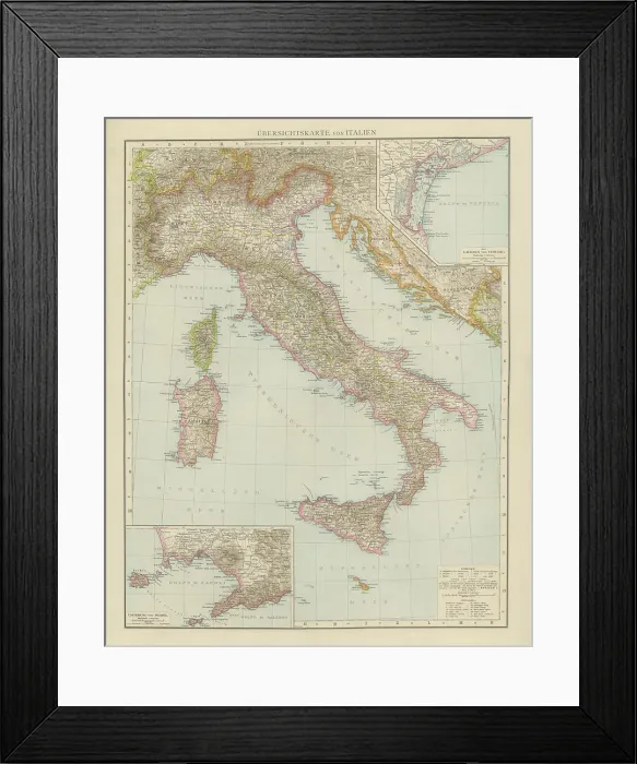 Framed Print : Old chromolithograph map of Italy and Islands Framed Print : Old chromolithograph map of Italy and Islands
