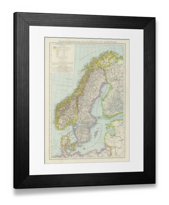 Framed Print : Old chromolithograph map of Norway and Sweden (Scandinavia)