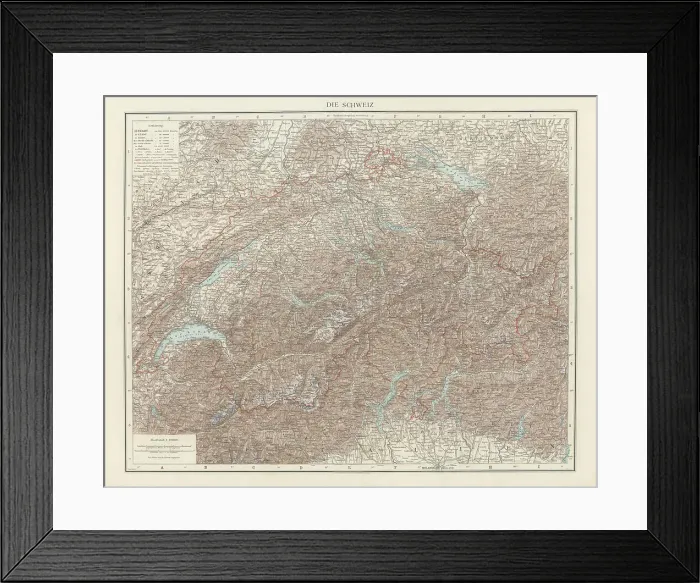 Framed Print : Old chromolithograph map of Switzerland, Western, Central and Southern Europe
