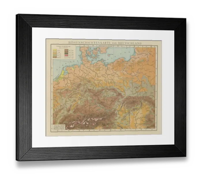 Framed Print : Old chromolithograph illustration altitude (topographic) map of Germany Framed Print : Old chromolithograph illustration altitude (topographic) map of Germany