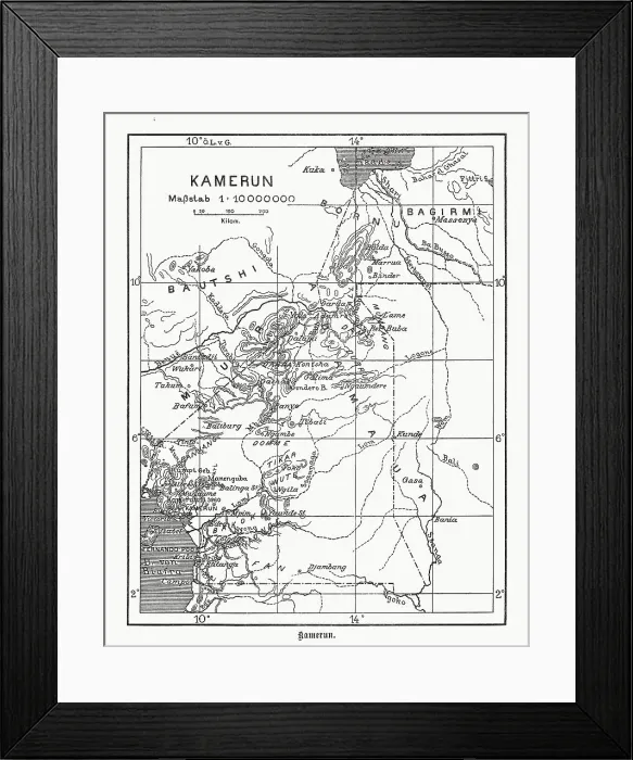 Framed Print : Cameroon map, German colonization, wood engraving, published in 1899 Framed Print : Cameroon map, German colonization, wood engraving, published in 1899