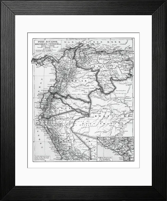 Framed Print : Old chromolithograph map of Peru, Ecuador, Colombia and Venezuela Framed Print : Old chromolithograph map of Peru, Ecuador, Colombia and Venezuela