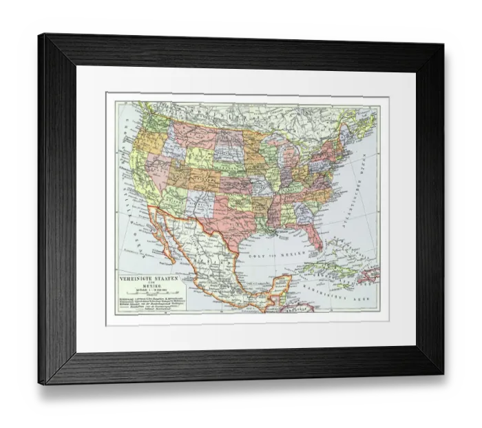 Framed Print : Old chromolithograph map of the United States and Mexico Framed Print : Old chromolithograph map of the United States and Mexico