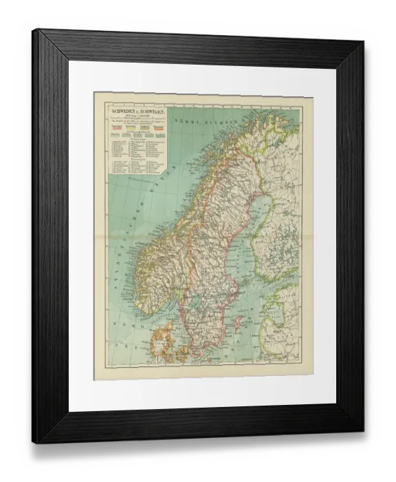Framed Print : Old chromolithograph map of Norway and Sweden (Scandinavia)
