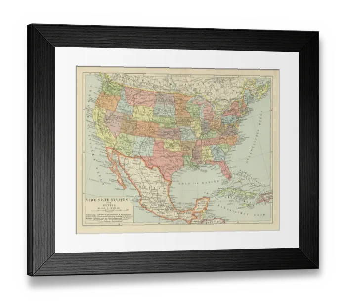 Framed Print : Old chromolithograph map of the United States and Mexico