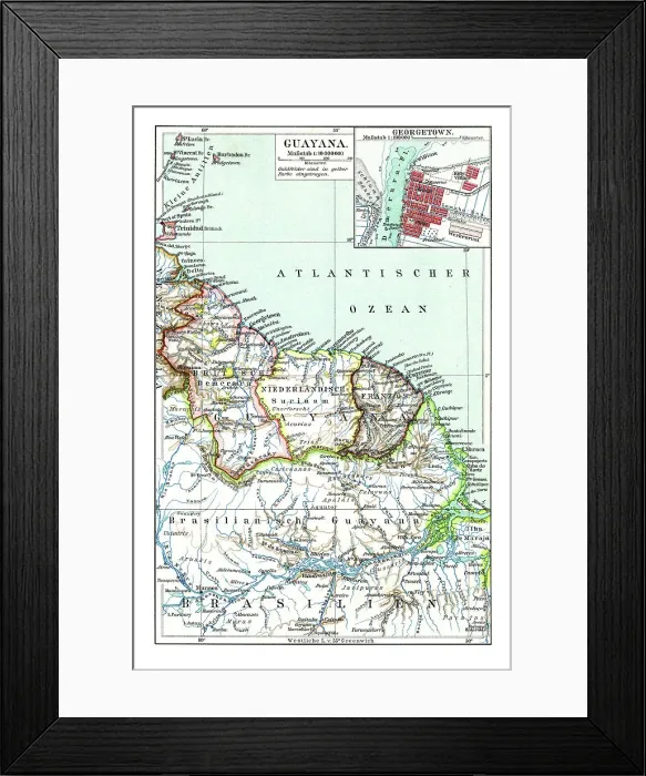 Framed Print : Old chromolithograph map of Guyana, country on the northern mainland of South America Framed Print : Old chromolithograph map of Guyana, country on the northern mainland of South America