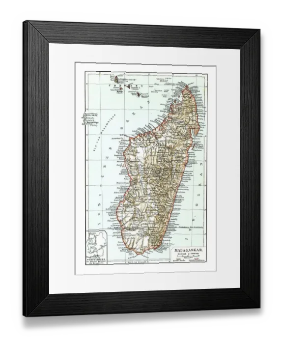 Framed Print : Old chromolithograph map of Madagascar, island country in the Indian Ocean