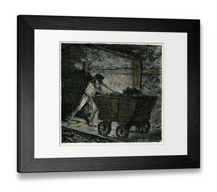 Framed Print : Victorian coal miner pushing a minecart Framed Print : Victorian coal miner pushing a minecart
