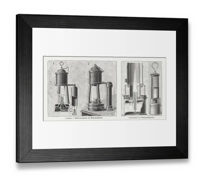 Framed Print : Davy lamps, safety in the mine, wood engravings, published 1895 Framed Print : Davy lamps, safety in the mine, wood engravings, published 1895