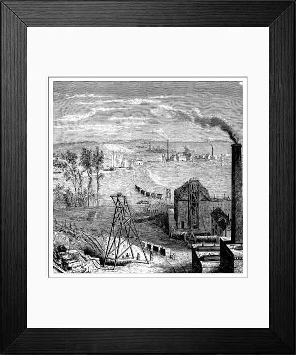 Framed Print : Antique illustration of scientific discoveries: Steam power coal mine train Framed Print : Antique illustration of scientific discoveries: Steam power coal mine train